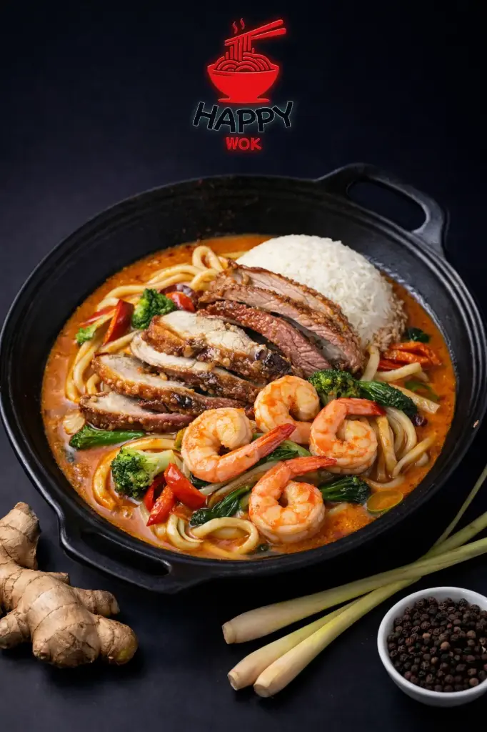83- Udon mit verschiedenen Fleischsorten, Garnelen 80% in roter Curry-Sauce 