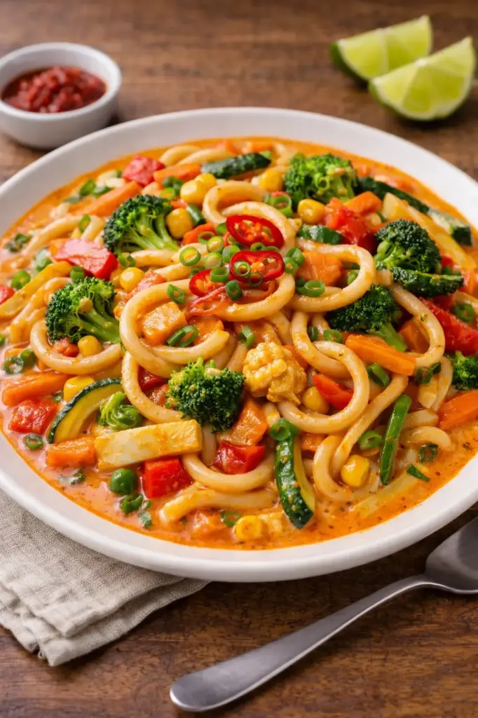 116 - UDON NUDELN mit Gemüse, Kokosmilch in rotem Curry