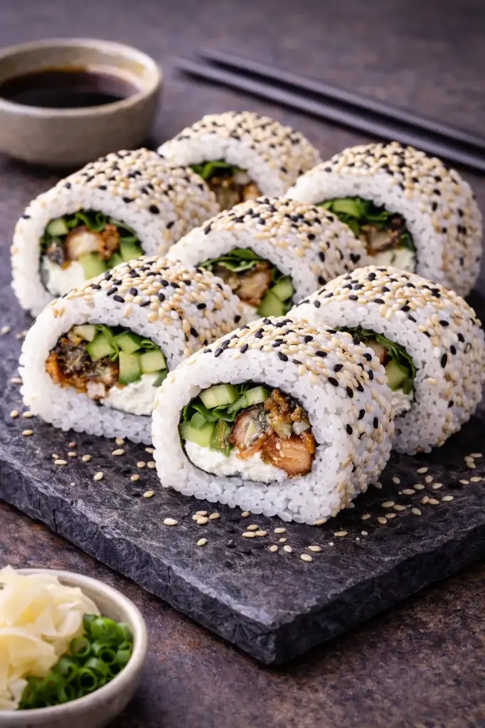 S37 Kimisu Inside Out : mit Lachshaut, Gurken, Rucola, Frischkäse und Sesam 