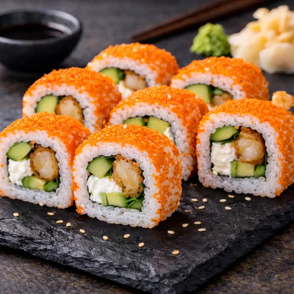 S40 Tempura Garnelen Inside Out: Frischkäse, Avocado und Tobiko