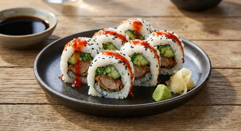 S41 Omazu Inside Out : mit Enten Tempura, Gurken, Schnittlauch und Chilisauce