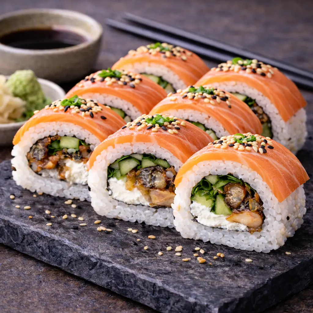 S47 Tuna Attack 8 Stück mit Thunfisch, Avocado und Frischkäse, bedeckt mit flambiertem Thunfisch und Sesam