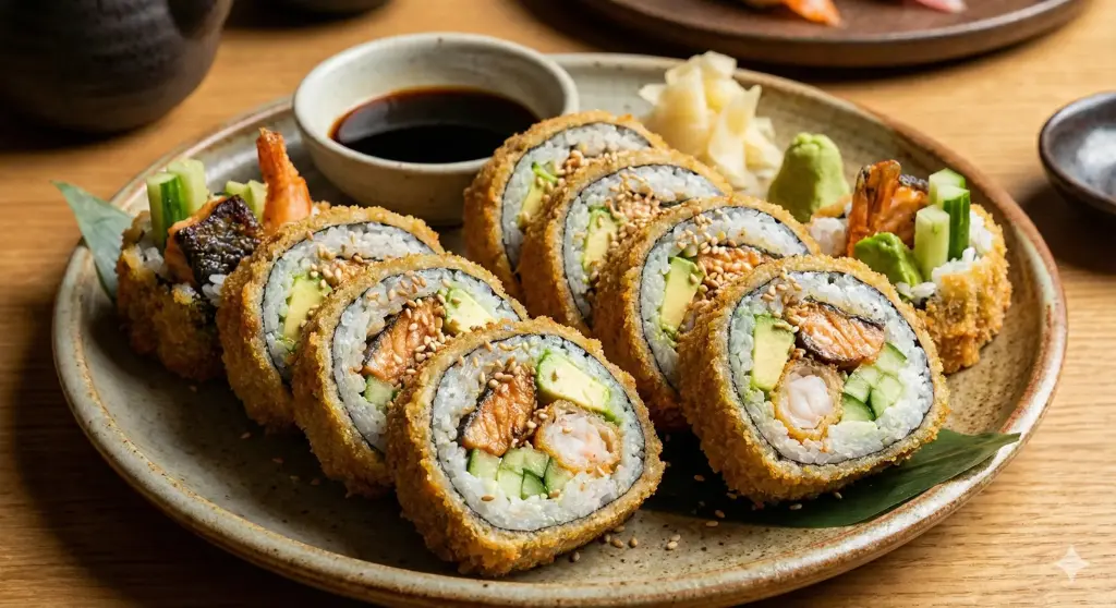 S55 Big Crunchy (10stück) Panierte große Rolle Lachshaut gegrillt, Garnelen, Avocado, Gurken, Sesam