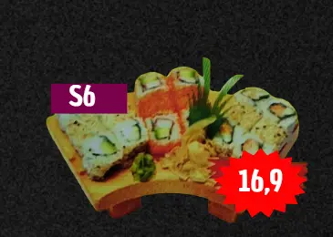 Sushi Menü 6: 8 Inside Out Avocado-Frischkäse und Sesam,
 8 Inside Out gegrillter Lachs , 8 Inside Out California-Tobiko
