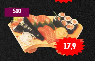 Sushi Menü 10: 2 Lachs Nigiri und kleine Lachs Sashimi, 8 Lachs Maki, 1 Lachs Temaki - D