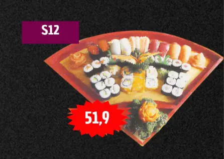 Sushi Menü 12 (2 Personen) : 8 Nigiri (2 Lachs, 2 Aal, 2 Thunfisch, 2 Scampi) 2 Sashimi, dann 32 Maki-Rollen insgesamt 
(8 Entenfleisch, 8 Gurken, 8 Thunfisch, 8 Lachs, 16 Inside Out, 8 California 8 panierte mit Lachs, Avocado, Tobiko und Frischkäse