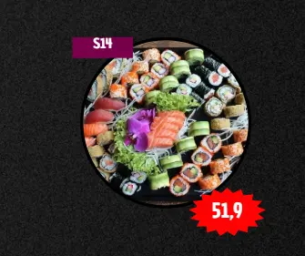 Sushi Menü 14 für 2 Personen: Kleine Lachs Sashimi, 2x Nigiri Lachs,  2x Thunfisch, 8x Panierte Maki Rollen mit Lachs, 8x Inside Out Gebackene Garnelen, Avocado, 
8x Inside Out Avocado mit Frischkäse und Sesam...