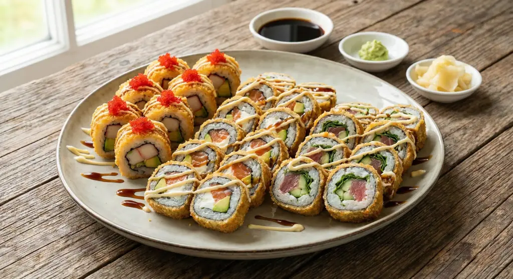 Sushi Menü 16 Mix paniert:  Inside Out Panierte, 8 x Surimi, Avocado, Tobiko, Inside out 8 x Lachs, Frischkäse, Avocado, Inside out 
8x Thunfisch, Gurken, Rucola ,alle mit Mayo- Teriyaki Sauce