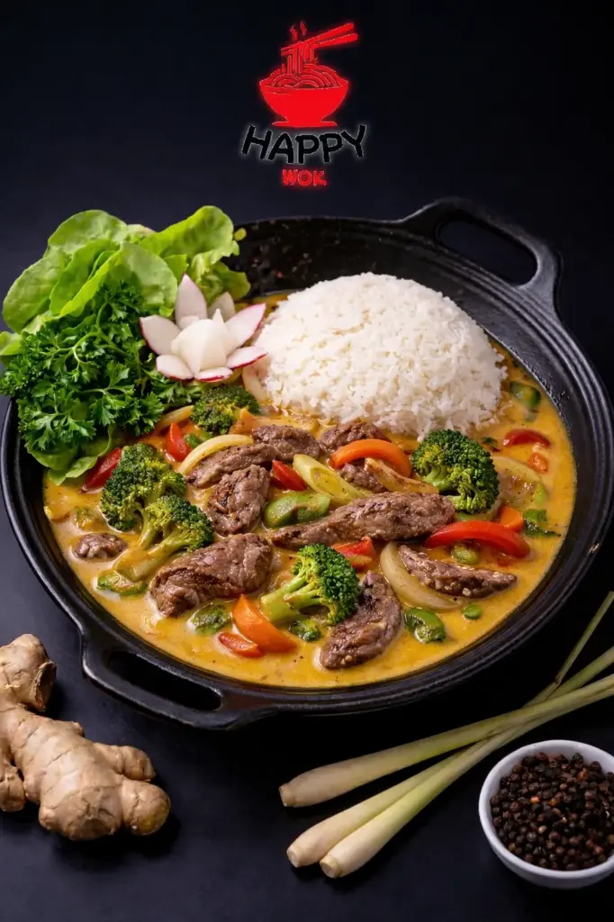 50-Bo Xao Cari-Gebratenes Rindfleish mit Reis, Gemüse und Curry 