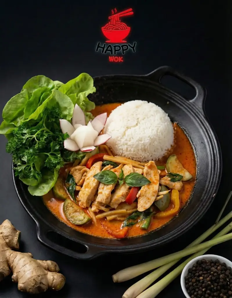 40-GA XAO CARI DO - Gebratenes Hühnerfleish rotem Thai Curry, Kokosmilch-Sauce mit Reis