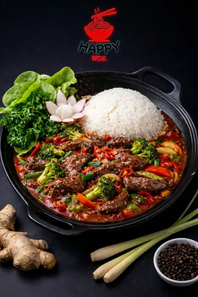 51-Bo Xao Chili-Gebratenes Rindfleish mit Reis, Gemüse und-Chilli Sauce 