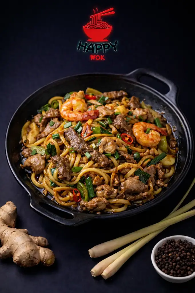 74-Bami Goreng verschiedene Fleischsorten, Garnelen 80%, Curry 