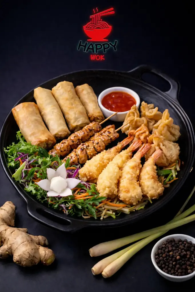 9-Gemischte Vorspeisen (kalte und Warme, 2 Personen): 
Frühlingsrollen, Mini-Frühlingsrollen,Tempura Garnelen 80%, Wan Tan, Hühnerspießen, gem. Salat