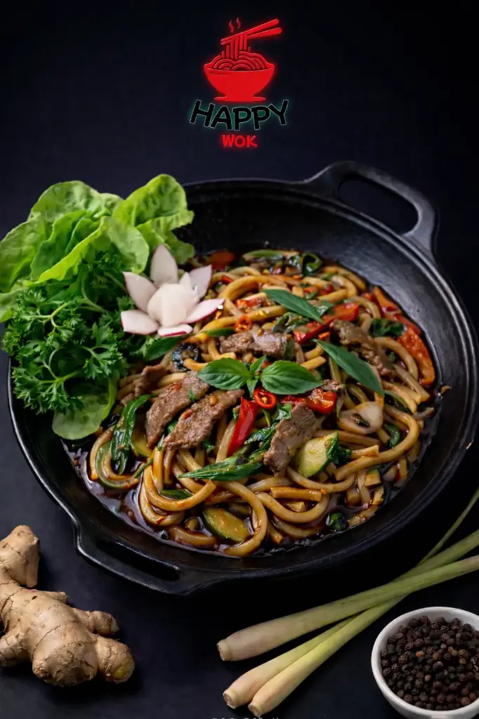 91-Udon Chili-Udon mit Gebratenes Rindfleish ,Gemüse und Chilisauce