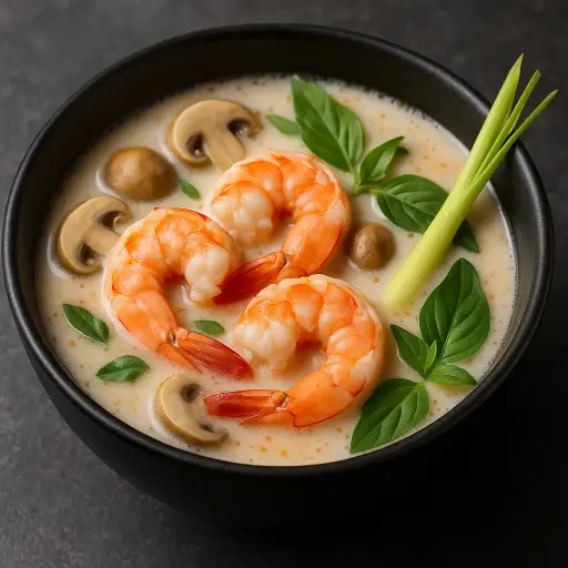 1-Tom Kha Gung-Sup Tom- Garnelen- Küchenfertiges Erzeugnis, hergestellt unter Verwendung von Black Tiger Garnelen mit zugesetztem Wasser und Stabilisatoren