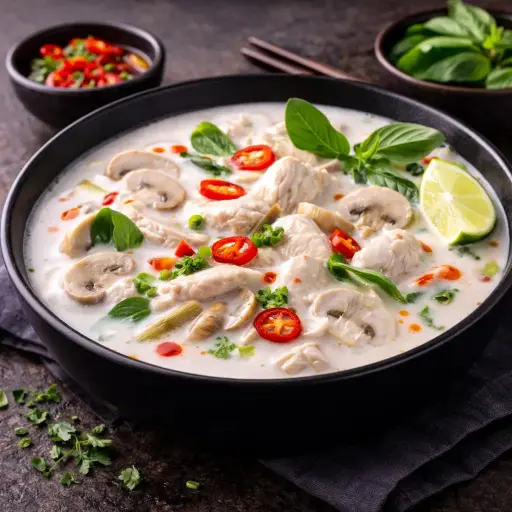 2-Tom Kha Gai - Sup Ga- Hühnerfleisch, Pilz, Zitronengras, Basilikum, Kokosmilch 1, B 