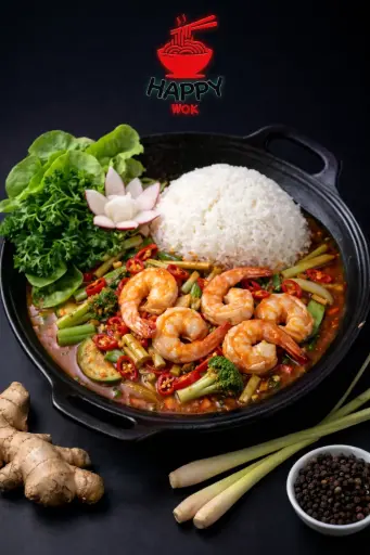 61-TOM XAO CHILI -Gernelen- Küchenfertiges Erzeugnis, hergestellt unter Verwendung von Black Tiger Garnelen mit zugesetztem Wasser und Stabilisatoren- Zitronengras, Thai Basilikum und Chilisauce