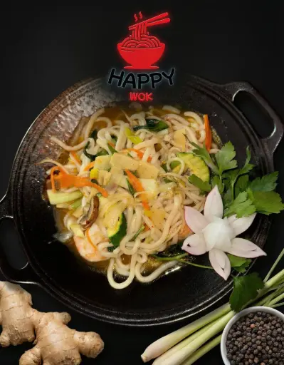 95- Udon mit Garnelen - Kokosmilch, in roter Curry-Sauce 