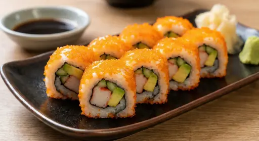 S34 California Tobiko mit Surimi, Avocado und Tobiko