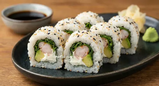 S39 Philadelphia Inside Out : mit Garnelen 80%, Frischkäse, Rucola, Avocado und Sesam
