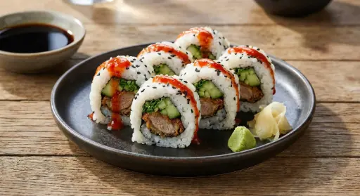 S41 Omazu Inside Out : mit Enten Tempura, Gurken, Schnittlauch und Chilisauce