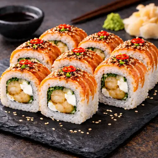 S45 Ring of Fire 8 Stück mit Garnelen Tempura und Frischkäse, bedeckt mit flambiertem Lachs und Sesam