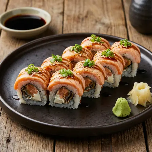 S46 Salmonorgy 8 Stück mit Lachshaut und Frischkäse, bedeckt mit flambiertem Lachs