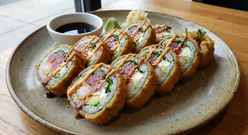 S57 Big Crunchy (10 Stück) Panierte große Rolle mit Thunfisch, Garnelen, Frischkäse, Avocado und Rucola