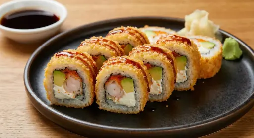 S61 Inside Out Paniert Garnelen 8 Stück mit Garnelen, Avocado, Frischkäse und Tobiko