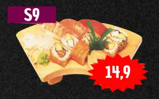 Sushi Menü 9: 3 Nigiri: Lachs, Thunfisch, Scampi, 4 Avocado Maki, 4 Gurken Maki, 4 Thunfisch Maki & 4 Lachs Maki
