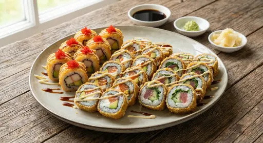 Sushi Menü 16 Mix paniert:  Inside Out Panierte, 8 x Surimi, Avocado, Tobiko, Inside out 8 x Lachs, Frischkäse, Avocado, Inside out 
8x Thunfisch, Gurken, Rucola ,alle mit Mayo- Teriyaki Sauce