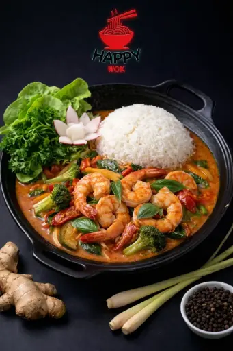 60-TOM XAO CARI -Gernelen- Küchenfertiges Erzeugnis, hergestellt unter Verwendung von Black Tiger Garnelen mit zugesetztem Wasser und Stabilisatoren-Basilikum, Kokosmilch und rotem Thai Curry 